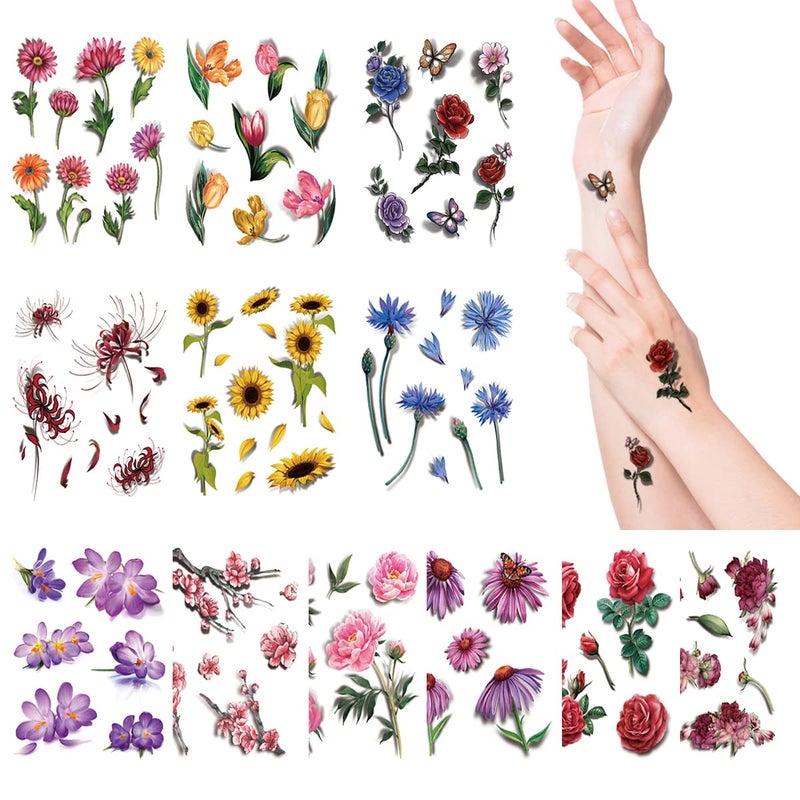 Aniuvot Aniuvot 12 Sheets Large Flower Temporary Tattoos for Women Teens Girls And Kids Rose Sunflower Butterfly Lotus Cherry Blossoms Adult Body Art Stickers Waterproof for Hand Arm Back Leg 