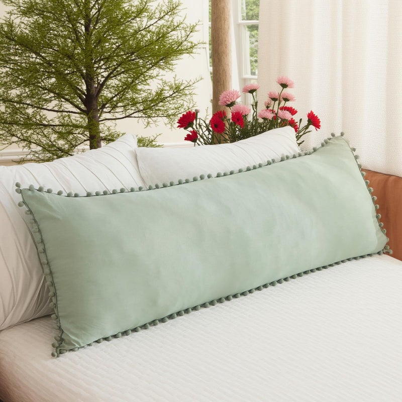 MOVE OVER Sage Green Body Pillow Cover 20x54 Inches Cute Pom Poms Decorated Body Pillow Cover Soft Washed Microfiber Boho Body Pillow Cover with Pocket Closure Pack of 1