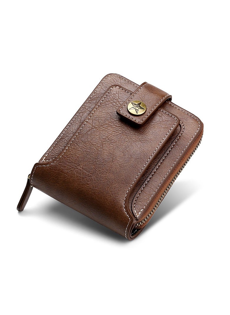 CarrKen Men's Short Wallet European and American Fashion Retro Multifunctional Wallet Zipper Buckle Card Holder Brown - Image 2