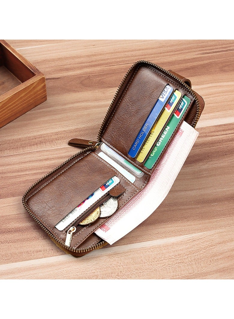 CarrKen Men's Short Wallet European and American Fashion Retro Multifunctional Wallet Zipper Buckle Card Holder Brown - Image 4