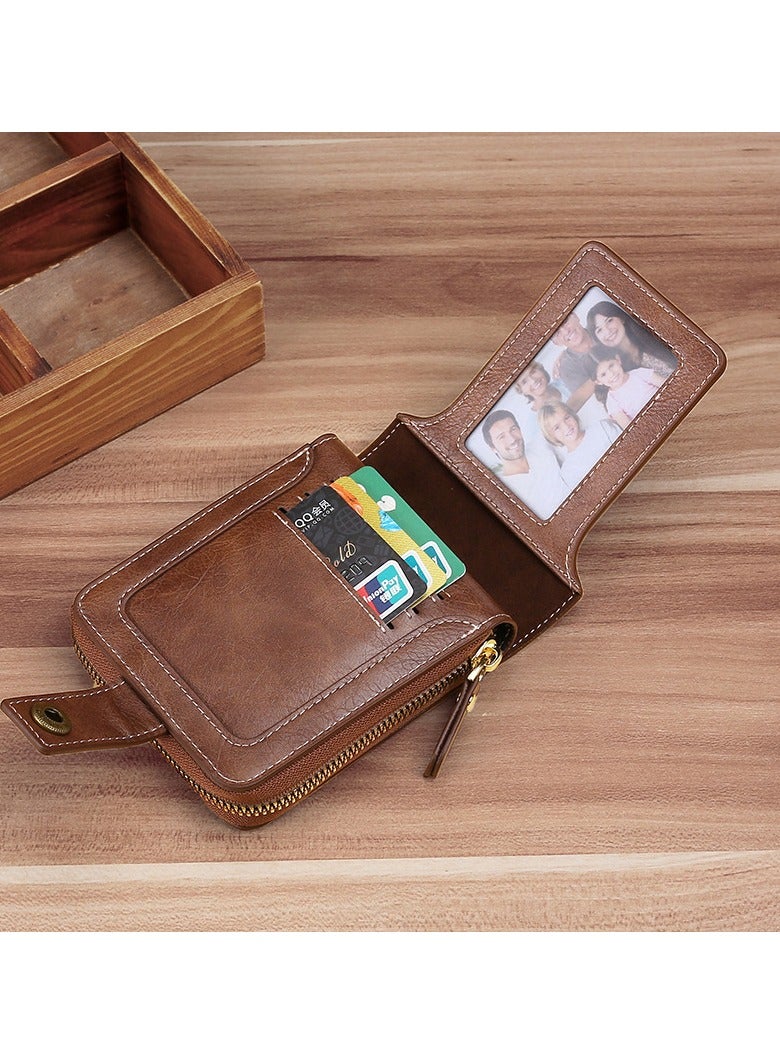CarrKen Men's Short Wallet European and American Fashion Retro Multifunctional Wallet Zipper Buckle Card Holder Brown - Image 5