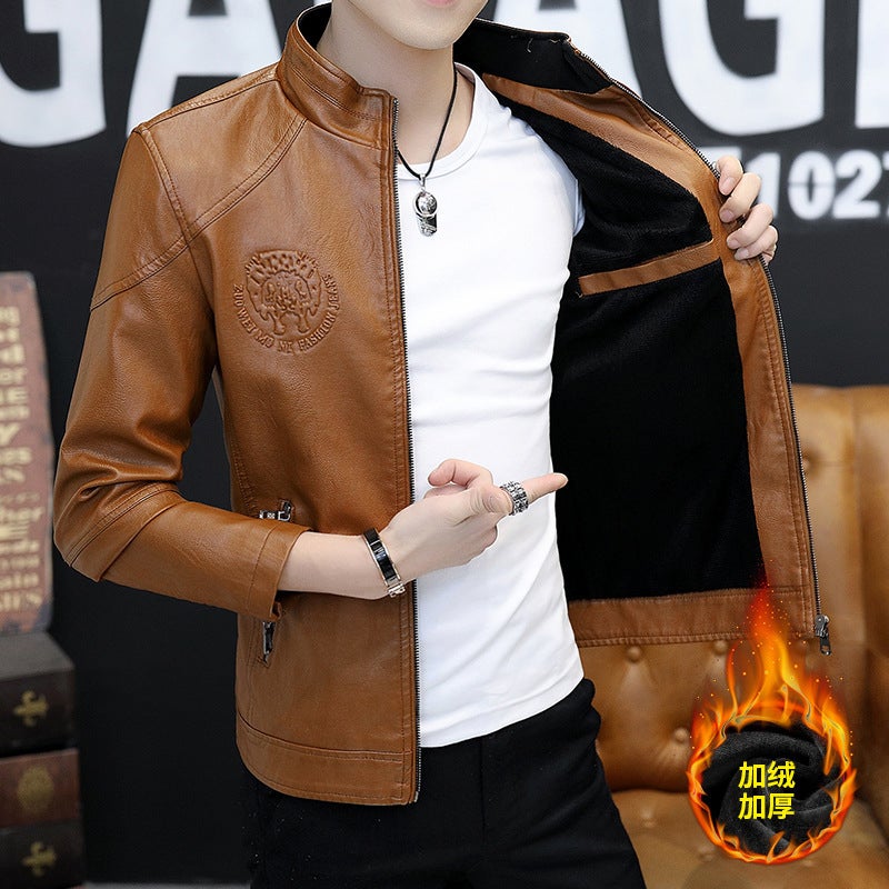 Men'S Leather Jacket Korean Style Slim-Fit Trendy Men'S Youth Handsome Casual Collar Leather Jacket With Fleece - Image 4