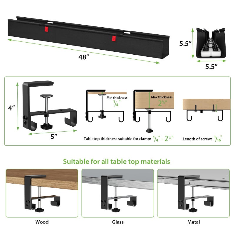 KEEGH Extra Large 48" Under Desk Cable Management Tray - Under Desk Cord Management - Clamp/Screw Mount - Support Upto 70lbs - Fabric Wire Management - Cable Raceways Tray Cord Hiders for Office/Home - Image 4