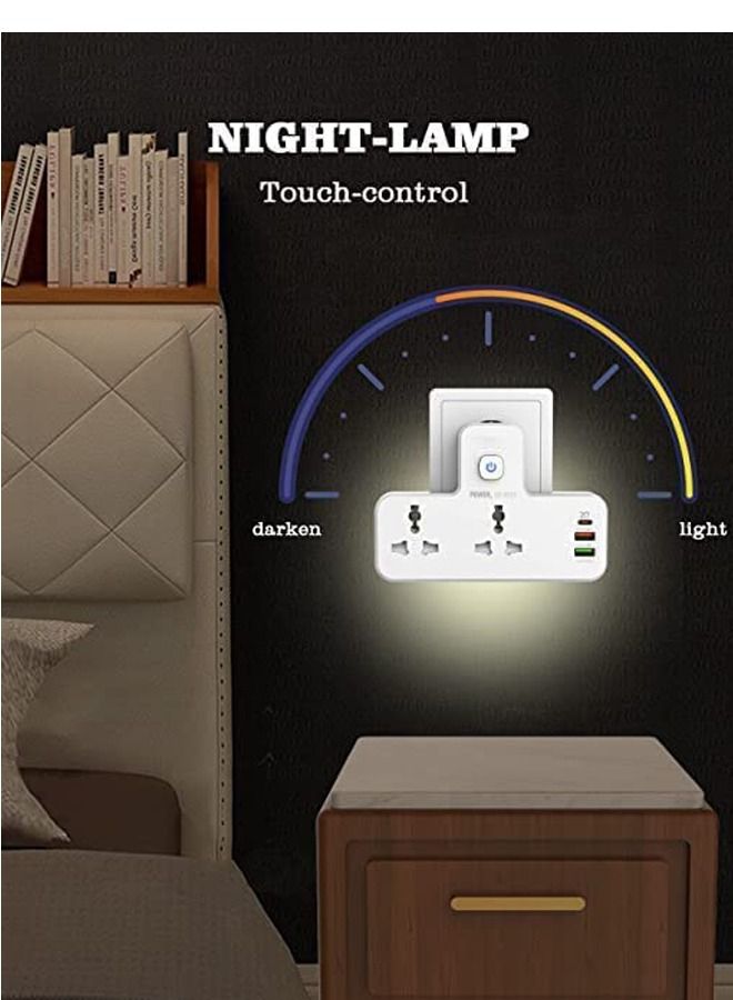 Padom Power Extension Socket Double Plug Adaptor with Touch Control Nightlight, 2 Way Plugs Extension Multi Sockets Wall Charger Adapter with 1 USB-C & 2 USB Slots PD & QC3.0, Power Socket - Image 5