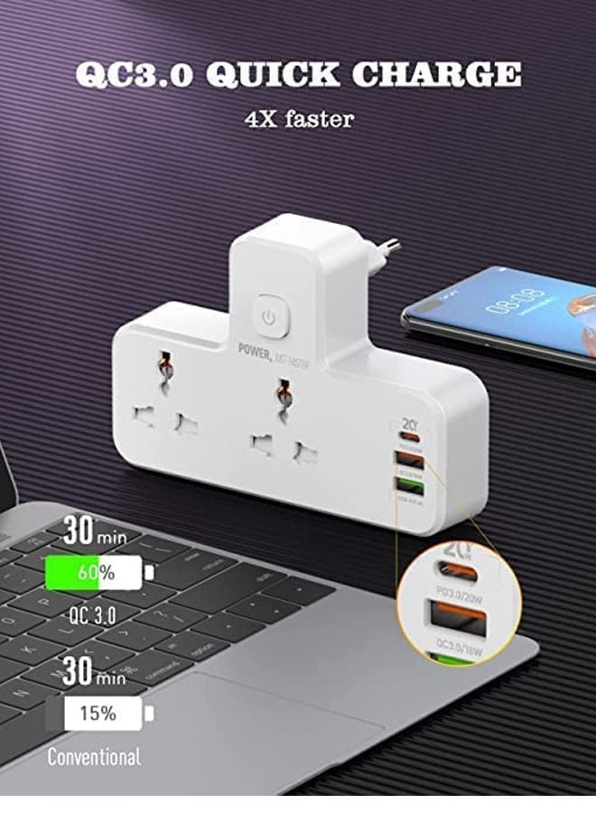 Padom Power Extension Socket Double Plug Adaptor with Touch Control Nightlight, 2 Way Plugs Extension Multi Sockets Wall Charger Adapter with 1 USB-C & 2 USB Slots PD & QC3.0, Power Socket - Image 3