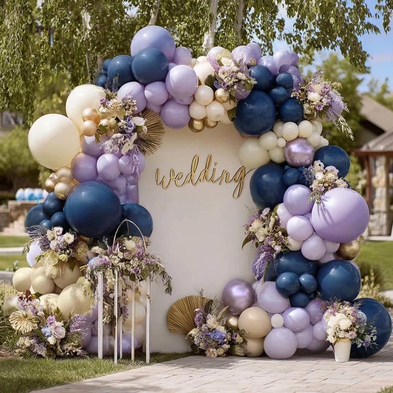 Partycus Navy Blue Purple Balloon Arch Double Stuffed, Dark Blue Pastel Lavender White Sand Ivory Balloon Garland Kit with Clear Bobo Metallic Lilac Latex for Baby Shower Wedding Birthday Valentine Party Decor - Image 1