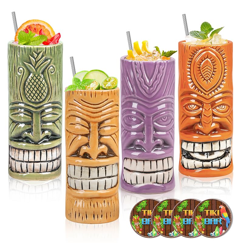 SuproBarware Tiki Mugs Set of 4Ceramic Hawaiian Creative Tiki Bar Mugs for Cocktails Glasses Drinking Bar Decorations Premium Tropical Cups Drinks for Exotic Party4PCS