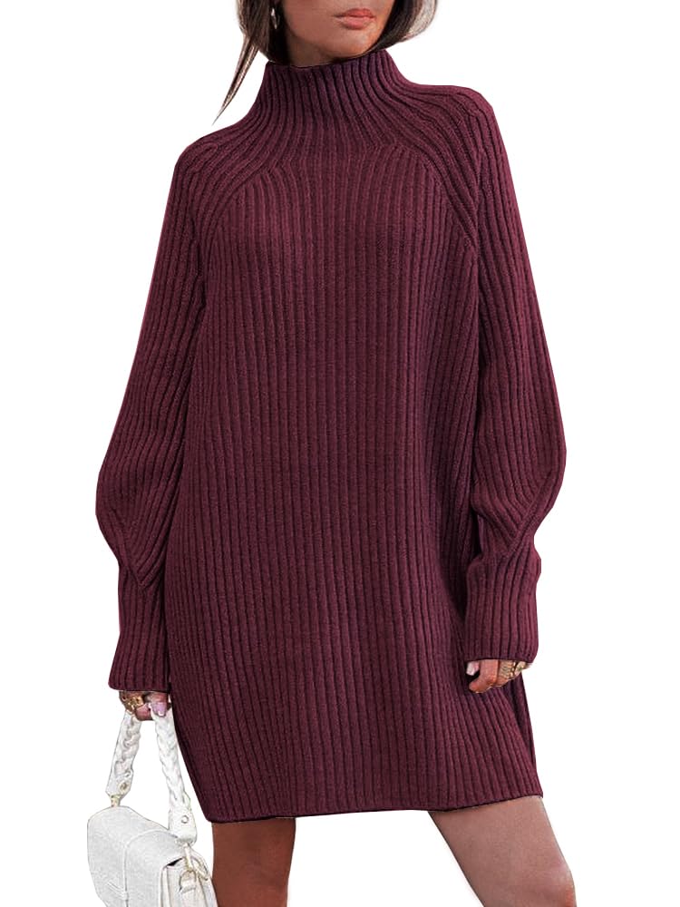 LILLUSORY Sweater Dresses for Women 2026 Fall Fashion Mock Neck Long Lantern Sleeve Oversized Outfits Knit Tops Clothes WineRed S - Image 1