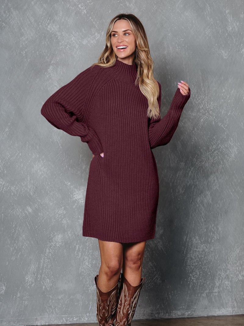 LILLUSORY Sweater Dresses for Women 2026 Fall Fashion Mock Neck Long Lantern Sleeve Oversized Outfits Knit Tops Clothes WineRed S - Image 2