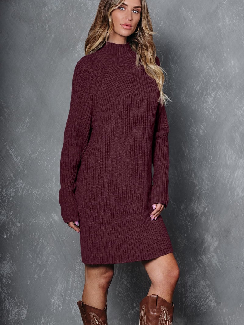 LILLUSORY Sweater Dresses for Women 2026 Fall Fashion Mock Neck Long Lantern Sleeve Oversized Outfits Knit Tops Clothes WineRed S - Image 4