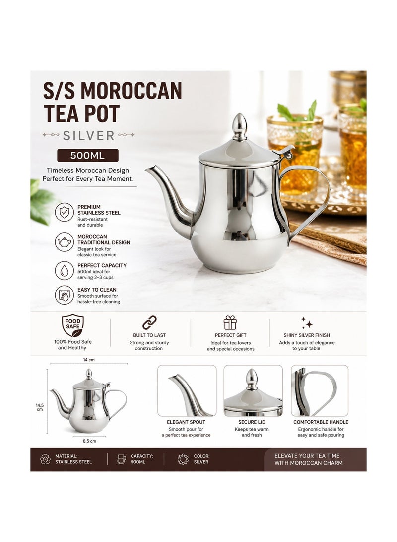Bisbell 500ml Moroccan Stainless Steel Teapot with Hinged Lid, Long Pouring Spout and Ergonomic Handle, Traditional Tea Pot for Mint, Loose Leaf, Herbal & Green Tea - Image 2