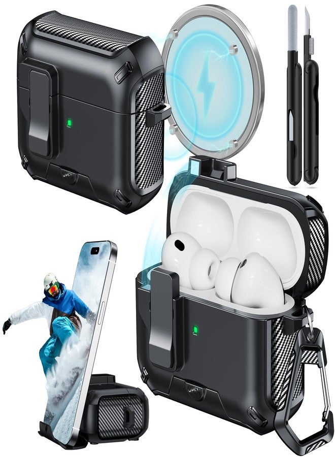 JOREMX for AirPods Pro 3 Case (2025) with Phone Stand,Military Hard Case with Lock Design Protection Cover for Airpods Pro 3 Gen with Cleaning Pen&Keychain,Balck - Image 1