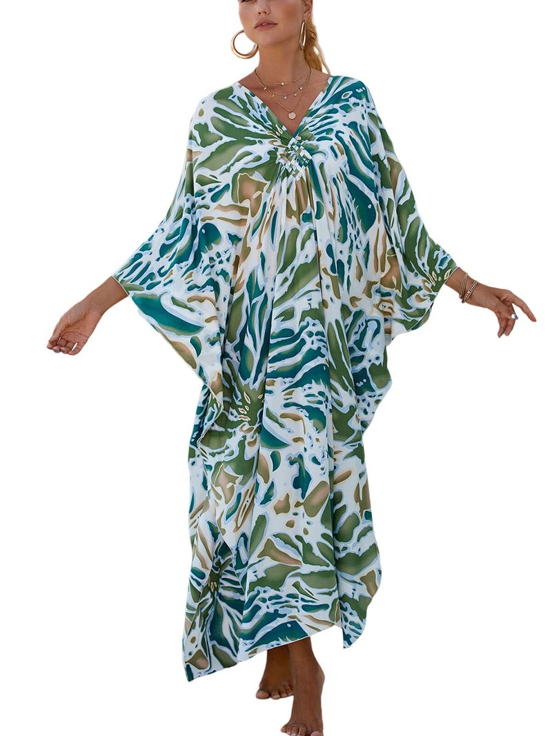 IMAGEKOPE Women's Plus Size Animal Print V-Neck Batwing Kaftan Beach Dress Bathing Suit Cover-Up Loungewear - Image 1