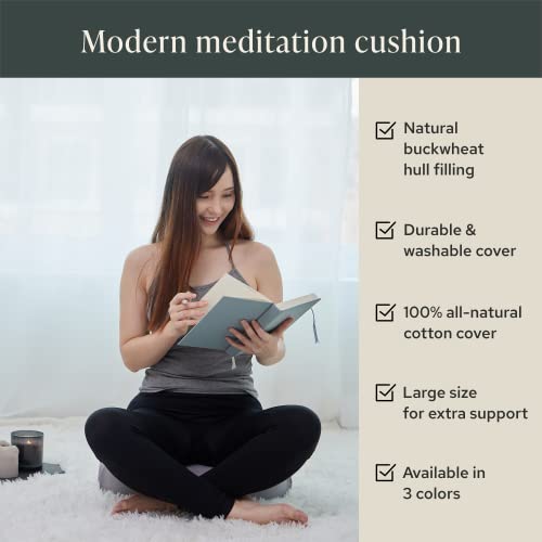 Mindful Modern Mindful & Modern Large Meditation Cushion | Zafu Yoga Bolster Meditation Floor Pillow Seat | Buckwheat Hull Filled Crescent Shaped Cushion with Removable Washable Cover + Carry Handle | Grey - Image 3
