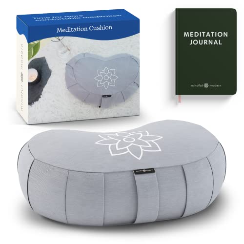 Mindful Modern Mindful & Modern Large Meditation Cushion | Zafu Yoga Bolster Meditation Floor Pillow Seat | Buckwheat Hull Filled Crescent Shaped Cushion with Removable Washable Cover + Carry Handle | Grey - Image 1