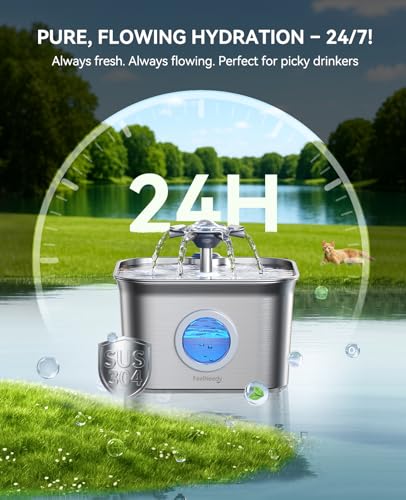 FEELNEEDY Stainless Steel Cat Water Fountain, 2.8L with 20dB Ultra-Quiet Pump- Ideal for Timid Pets, LED Water Level Window, Dishwasher Safe, 24/7 Circulation- Includes 3 Replacement Filters - Image 2