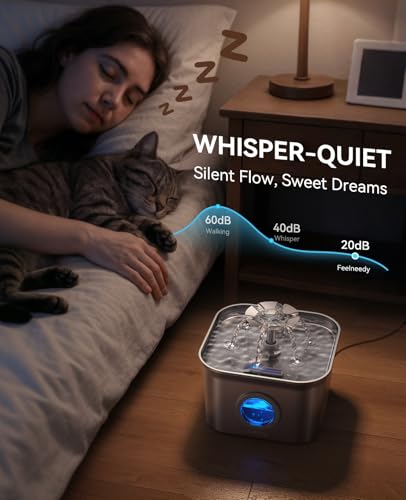 FEELNEEDY Stainless Steel Cat Water Fountain, 2.8L with 20dB Ultra-Quiet Pump- Ideal for Timid Pets, LED Water Level Window, Dishwasher Safe, 24/7 Circulation- Includes 3 Replacement Filters - Image 4