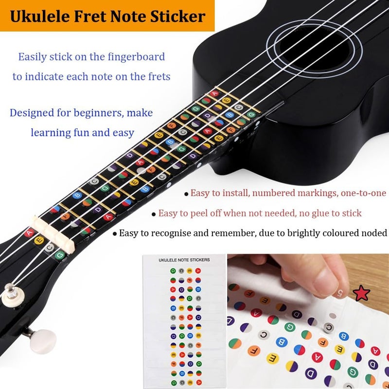 وينز مجموعة بدء تشغيل Winzz Soprano Ukulele للمبتدئين مع حقيبة، موالف قابل للتثبيت، أوتار إضافية، حزام، ريشة، ملصقات لوحة الأصابع، بطاقة الأوتار، قطعة تلميع، أسود - Image 3