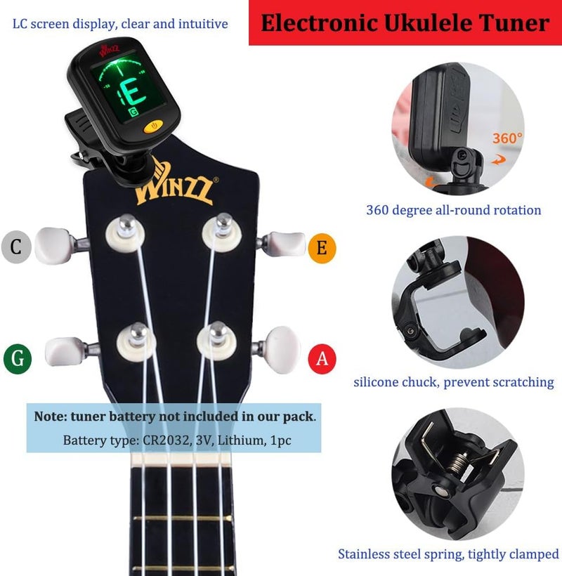 وينز مجموعة بدء تشغيل Winzz Soprano Ukulele للمبتدئين مع حقيبة، موالف قابل للتثبيت، أوتار إضافية، حزام، ريشة، ملصقات لوحة الأصابع، بطاقة الأوتار، قطعة تلميع، أسود - Image 4