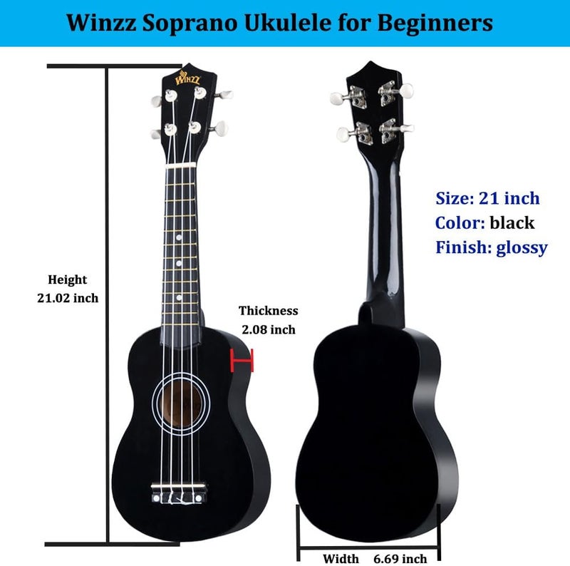 وينز مجموعة بدء تشغيل Winzz Soprano Ukulele للمبتدئين مع حقيبة، موالف قابل للتثبيت، أوتار إضافية، حزام، ريشة، ملصقات لوحة الأصابع، بطاقة الأوتار، قطعة تلميع، أسود - Image 2