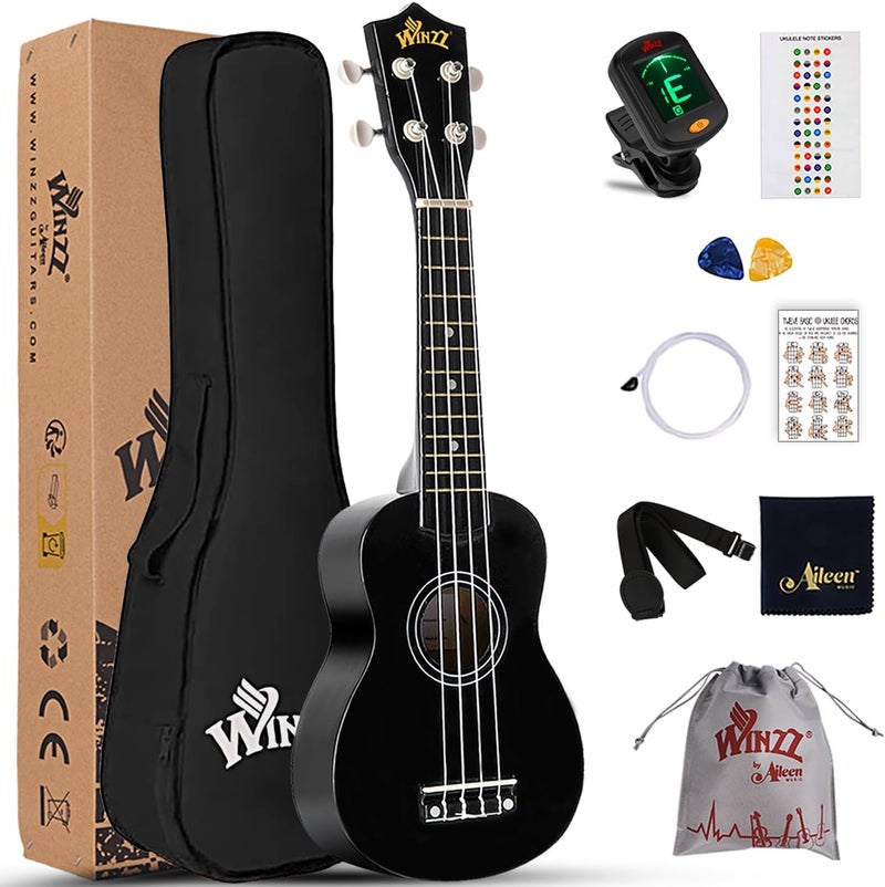 وينز مجموعة بدء تشغيل Winzz Soprano Ukulele للمبتدئين مع حقيبة، موالف قابل للتثبيت، أوتار إضافية، حزام، ريشة، ملصقات لوحة الأصابع، بطاقة الأوتار، قطعة تلميع، أسود - Image 1