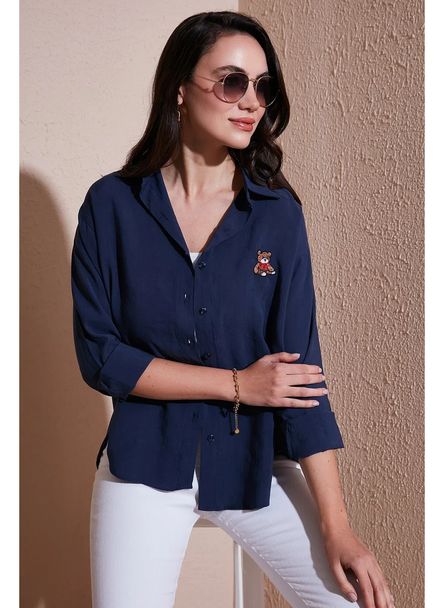 Lela Cotton Blend Regular Fit Bear Embroidered Shirt Women's Shirt 6773106