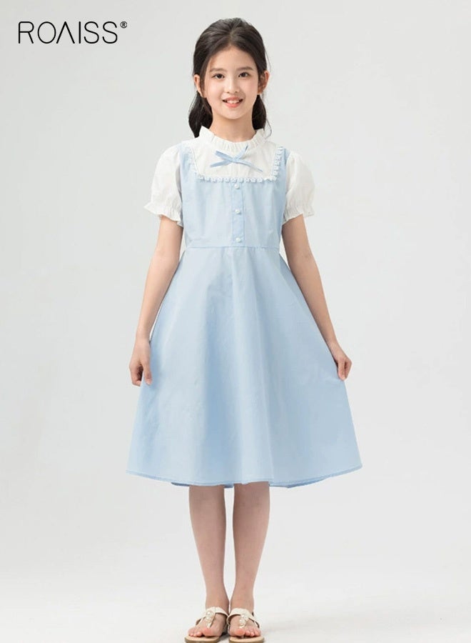 roaiss Girls Faux Two-Piece Dress, Stylish Summer Frock with Bowknot, Ruffled Mock Neck Puff Sleeve Dress, Comfortable Breathable A Line Dress for Girls, Suit for Daily Wear or Any Occasion - Image 1