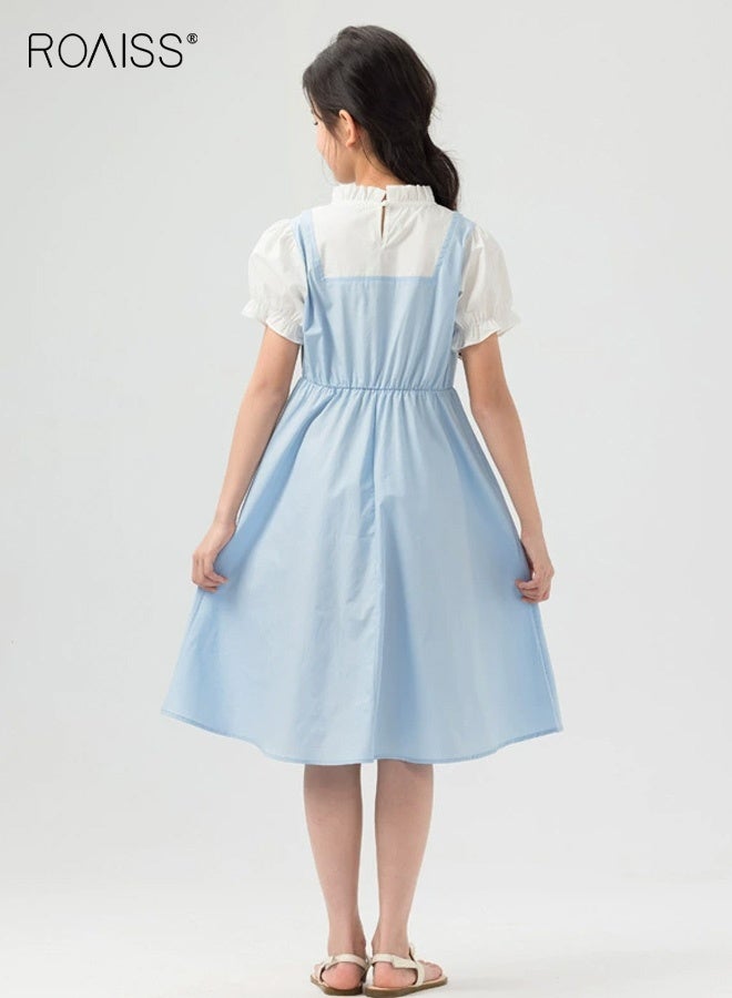 roaiss Girls Faux Two-Piece Dress, Stylish Summer Frock with Bowknot, Ruffled Mock Neck Puff Sleeve Dress, Comfortable Breathable A Line Dress for Girls, Suit for Daily Wear or Any Occasion - Image 2