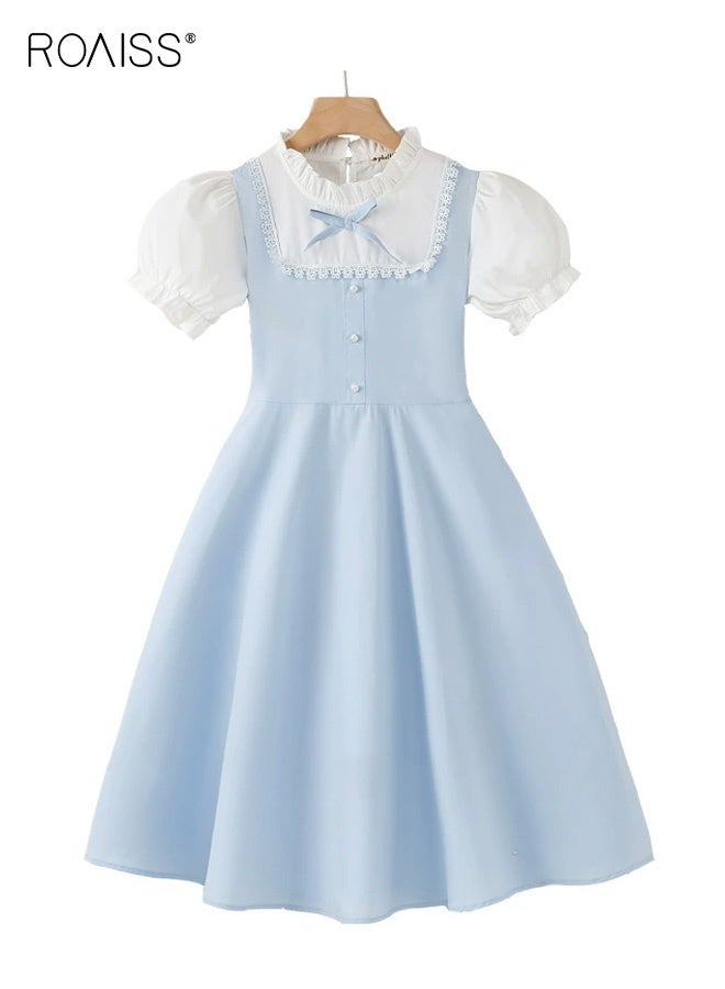 roaiss Girls Faux Two-Piece Dress, Stylish Summer Frock with Bowknot, Ruffled Mock Neck Puff Sleeve Dress, Comfortable Breathable A Line Dress for Girls, Suit for Daily Wear or Any Occasion - Image 3