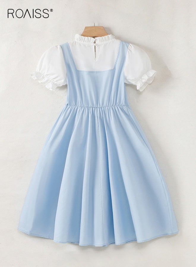 roaiss Girls Faux Two-Piece Dress, Stylish Summer Frock with Bowknot, Ruffled Mock Neck Puff Sleeve Dress, Comfortable Breathable A Line Dress for Girls, Suit for Daily Wear or Any Occasion - Image 4