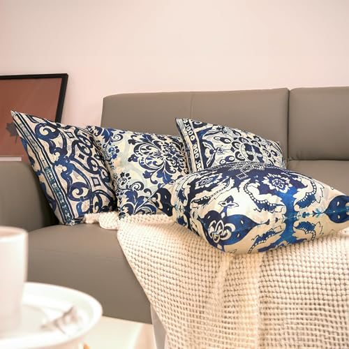 M-Qizi Vintage Blue and White Throw Pillow Covers 24x24 Set of 4, Retro Boho Ethnic Navy Blue Moroccan Tile Mediterranean Decorative Pillow Covers for Home Room, Chinoiserie Decor Pillowcases - Image 4