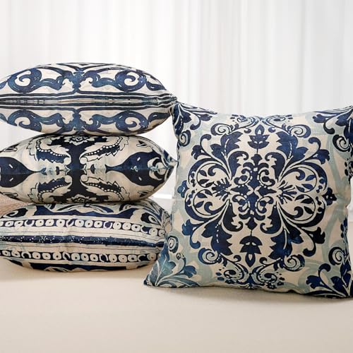 M-Qizi Vintage Blue and White Throw Pillow Covers 24x24 Set of 4, Retro Boho Ethnic Navy Blue Moroccan Tile Mediterranean Decorative Pillow Covers for Home Room, Chinoiserie Decor Pillowcases - Image 3