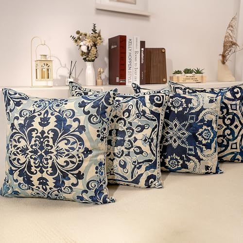 M-Qizi Vintage Blue and White Throw Pillow Covers 24x24 Set of 4, Retro Boho Ethnic Navy Blue Moroccan Tile Mediterranean Decorative Pillow Covers for Home Room, Chinoiserie Decor Pillowcases - Image 5