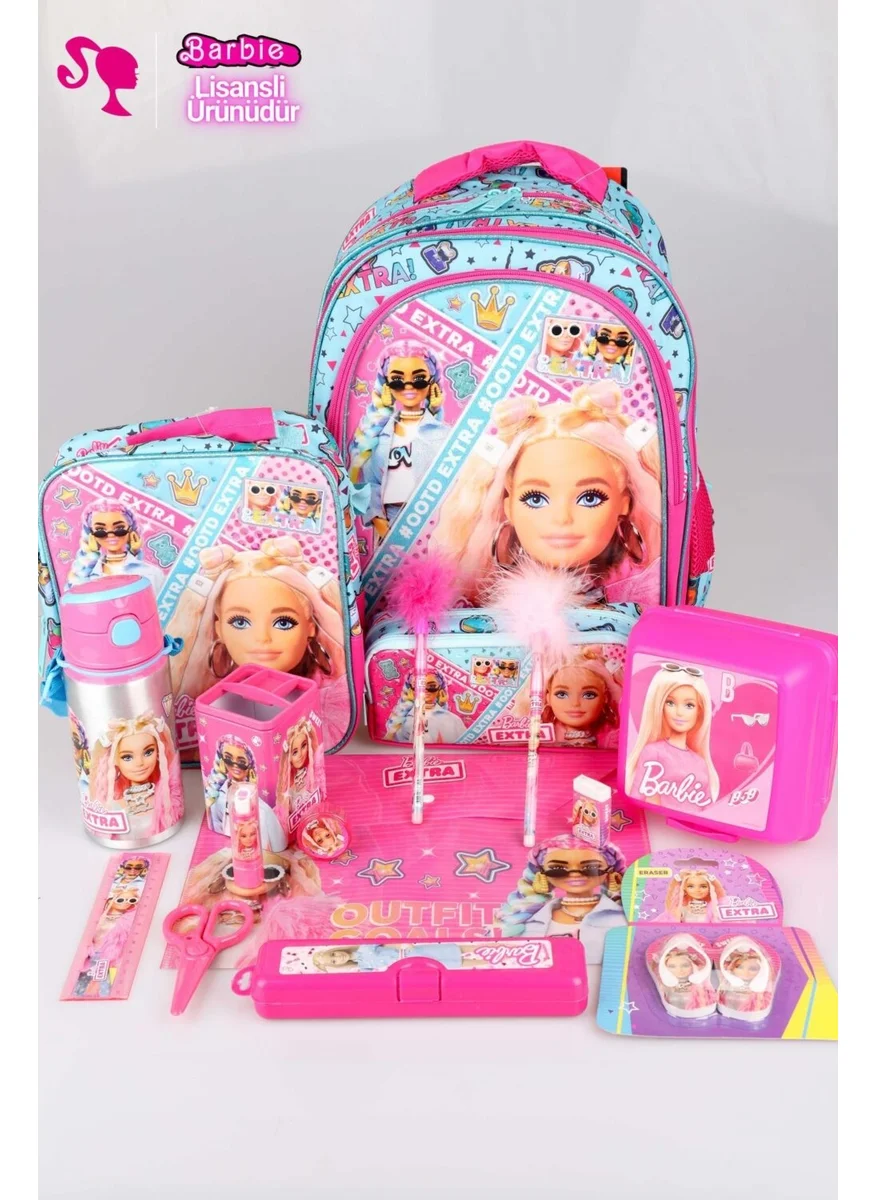 Barbie Decomus with Licensed Full + Full "Pink Blue Princess Collection" 3-Compartment School, Nutrition and Pencil Bag and Stationery Set