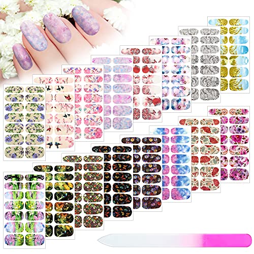 Maitys 224 Pieces 16 Sheets Spring Full Wrap Nail Polish Stickers Floral Butterfly Self Adhesive Nail Decal Strip with File Manicure Kit Summer Flower Long Lasting Polish Wrap for Women DIY Decoration - Image 1