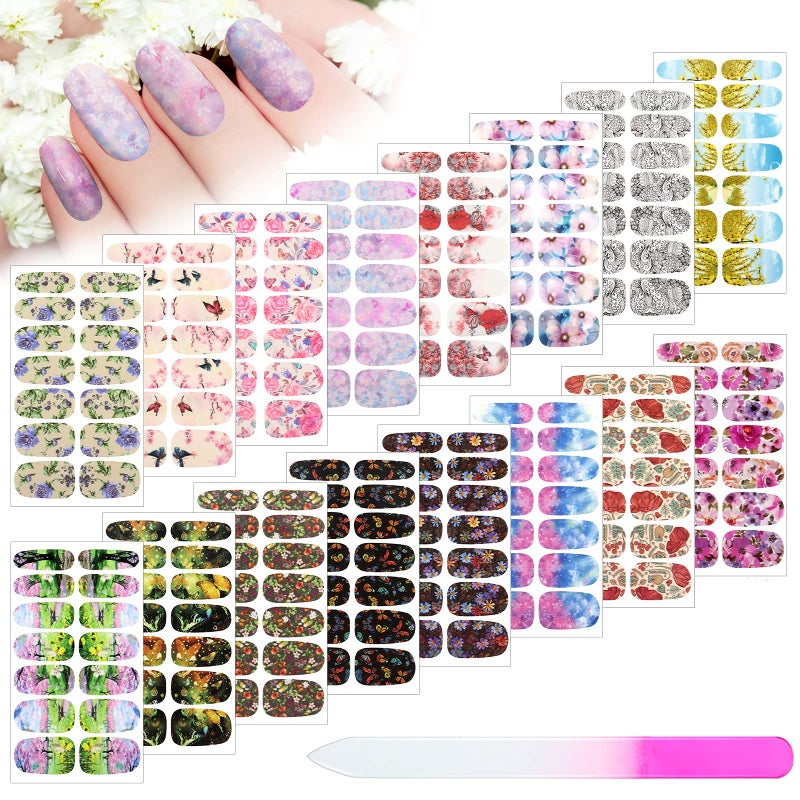 Maitys 224 Pieces 16 Sheets Spring Full Wrap Nail Polish Stickers Floral Butterfly Self Adhesive Nail Decal Strip with File Manicure Kit Summer Flower Long Lasting Polish Wrap for Women DIY Decoration - Image 3