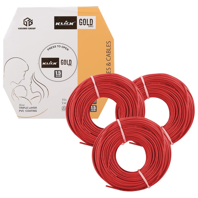 KLICK KLICK Copper Wire with Triple Layer PVC Coating Unilay Bunching Single Core Unsheathed Flexible Electric Cable for Domestic Industrial Connections Gold Series 15 mm 90m Long Red 3 Pcs  - Image 1