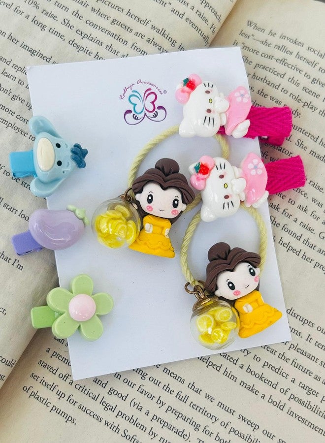 Radhya Accessories Cartoon Hairties for Girls Pack of 7 | Flower Rubberbands for Kids Toddlers Baby Girls | Cute Doll Hair Clips | Korean Style Hair Accessories Gift Set for Girls (Set 3) - Image 2