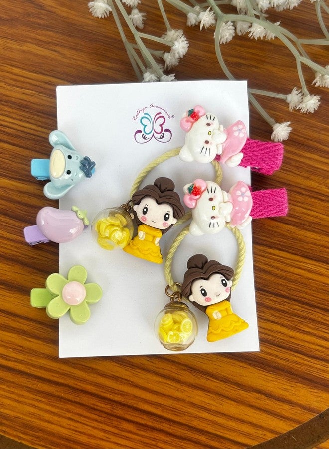 Radhya Accessories Cartoon Hairties for Girls Pack of 7 | Flower Rubberbands for Kids Toddlers Baby Girls | Cute Doll Hair Clips | Korean Style Hair Accessories Gift Set for Girls (Set 3) - Image 1