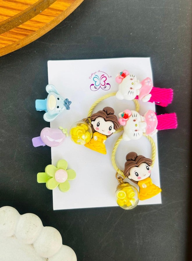 Radhya Accessories Cartoon Hairties for Girls Pack of 7 | Flower Rubberbands for Kids Toddlers Baby Girls | Cute Doll Hair Clips | Korean Style Hair Accessories Gift Set for Girls (Set 3) - Image 4