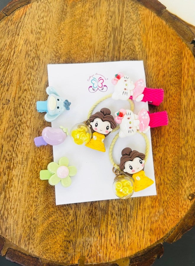 Radhya Accessories Cartoon Hairties for Girls Pack of 7 | Flower Rubberbands for Kids Toddlers Baby Girls | Cute Doll Hair Clips | Korean Style Hair Accessories Gift Set for Girls (Set 3) - Image 3