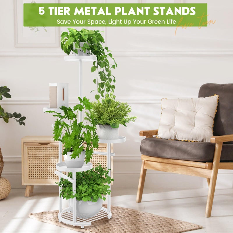 TOSKING 5-Tier Metal Plant Stand, Anti-Tip Round Base for Pots, Child & Pet Friendly, Space Saving Corner Shelf Flower Pot for Indoor Outdoor Use, Living Room Balcony Patio Garden (White, 38in) - Image 2