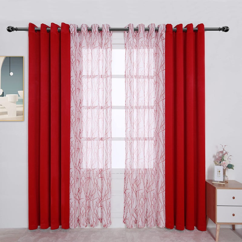 BONZER Mix and Match Curtains  2 Pieces Branch Print Sheer Curtains and 2 Pieces Blackout Curtains for Bedroom Living Room Grommet Window Drapes 54x63 InchPanel Red Set of 4 Panels