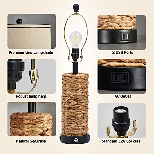 GyroVu Rattan Table Lamp Set of 2, Wicker Lamps, Dimmable Touch Seagrass Table lamp with 2 USB Ports and 1 AC Outlet for Bedroom Nightstand Table, Livingroom End Table, Bulbs Include - Image 4