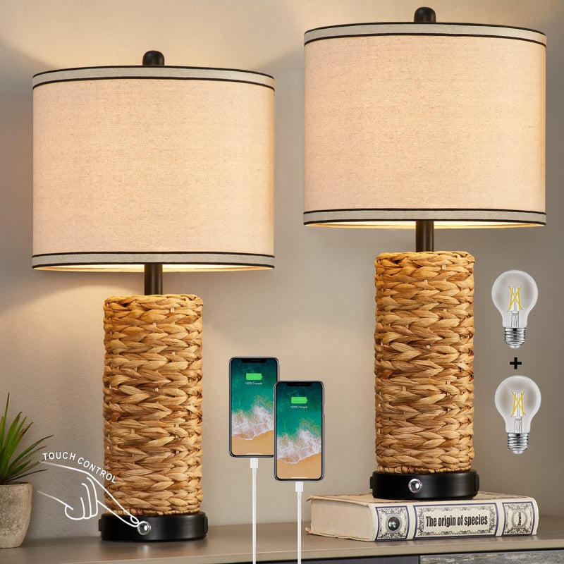 GyroVu Rattan Table Lamp Set of 2, Wicker Lamps, Dimmable Touch Seagrass Table lamp with 2 USB Ports and 1 AC Outlet for Bedroom Nightstand Table, Livingroom End Table, Bulbs Include - Image 3