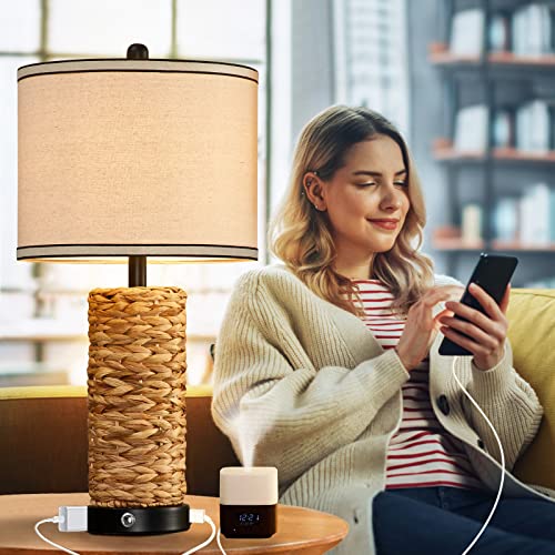 GyroVu Rattan Table Lamp Set of 2, Wicker Lamps, Dimmable Touch Seagrass Table lamp with 2 USB Ports and 1 AC Outlet for Bedroom Nightstand Table, Livingroom End Table, Bulbs Include - Image 2