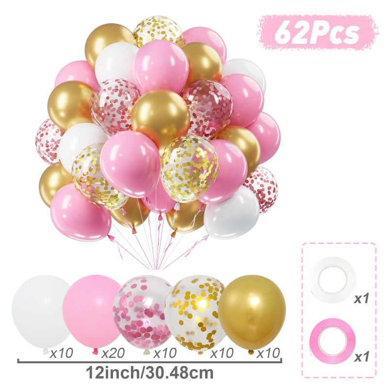 Netnology Pink Gold Confetti Balloons Set, 60Pcs 12 Inch Pink White Metallic Gold and Pink Gold Confetti Latex Balloon for Girls Birthday Baby Shower Bridal Shower Wedding Princess Party Decorations - Image 2