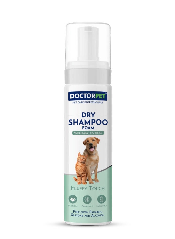 DOCTERPET Doctor Pet Dry Shampoo Foam Fluffy Touch 200ML - Waterless No Rinse Grooming - Aloe Vera, Chamomile & Eucalyptus - Natural Cleanser for Dogs & Cats  - Image 1