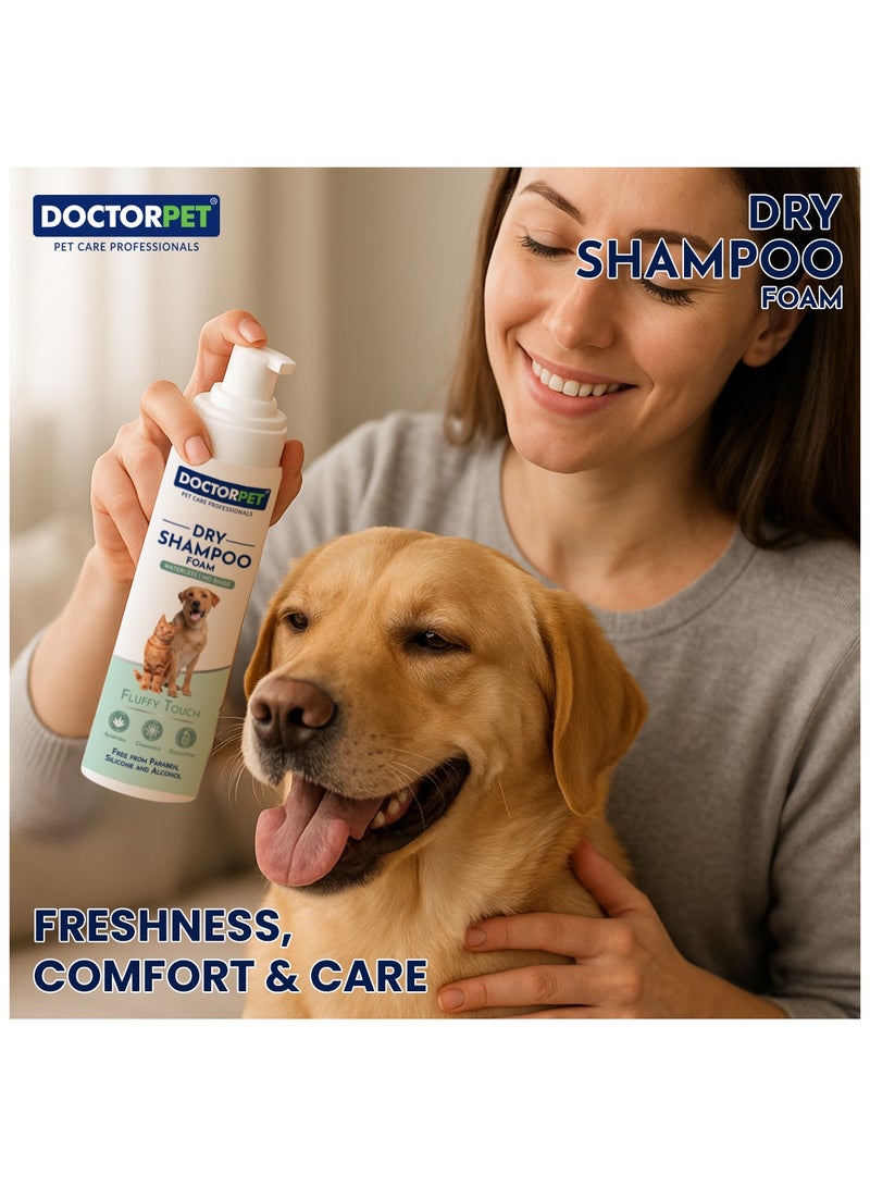 DOCTERPET Doctor Pet Dry Shampoo Foam Fluffy Touch 200ML - Waterless No Rinse Grooming - Aloe Vera, Chamomile & Eucalyptus - Natural Cleanser for Dogs & Cats  - Image 2