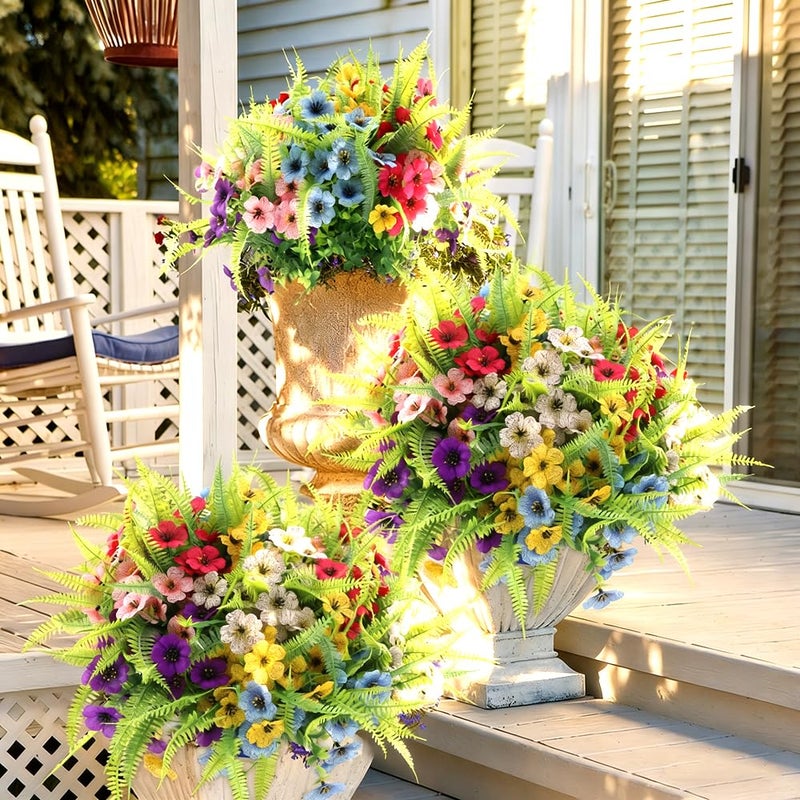 ZEOSTARO Artificial Outdoor Plants 12 Bundles Fake Boston Fern with Eucalyptus Flowers Faux UV Resistant Greenery Garden Window Box Porch Farmhouse Hanging Decor(Mix Flowers&Fern) - Image 5